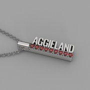 Angled view of the AggieLand silver pendant with maroon garnets.